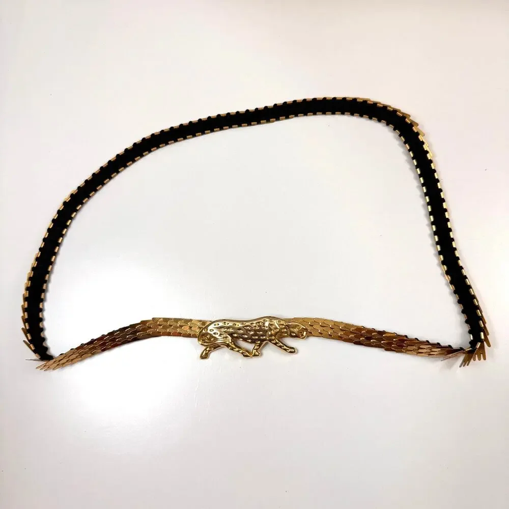 Vintage Women's Elastic Belt Black Gold Tone Dragon Scale Cheetah Brass Buckle